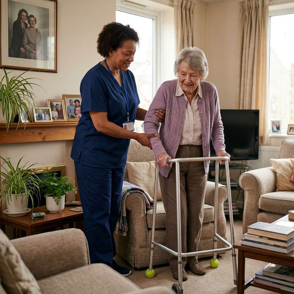 Nurse helping elderly woman walk with a walker inside a living room